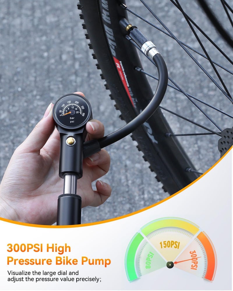 Onvian مضخة دراجة محمولة مع مقياس، 300 PSI مضخة هواء عالية الضغط لإطارات الدراجات ومضخة صدمات، مضخة يد صغيرة لصمامات بريستا وشرايدر، تعليق أمامي وخلفي، زر تفريغ الهواء - Image 2